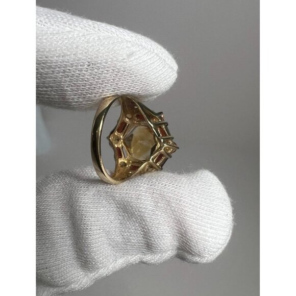 Vintage 10K Gold Citrine & Garnet Cocktail Ring Size 6 Hexagonal Design - Picture 8 of 11
